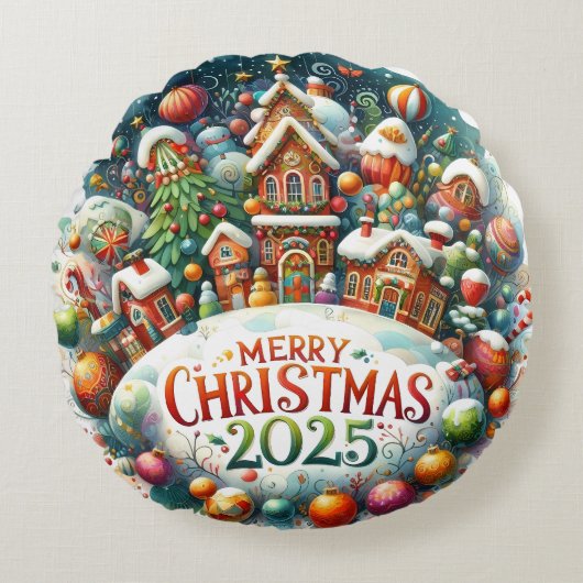 Kleurrijke Sneeuwman & Ornamenten Kerstkussen Rond Kussen (Voorkant)