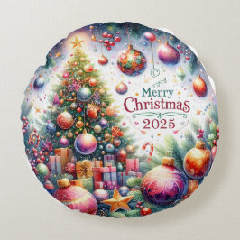 Kleurrijke Sneeuwman & Ornamenten Kerstkussen Rond Kussen