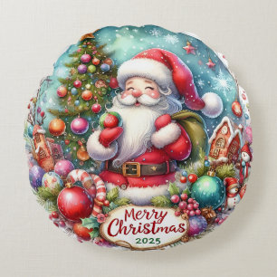 Kleurrijke Sneeuwman & Ornamenten Kerstkussen Rond Kussen
