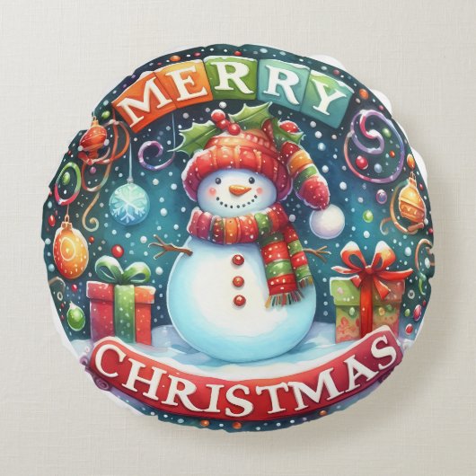 Kleurrijke Sneeuwman & Ornamenten Kerstkussen Rond Kussen (Voorkant)