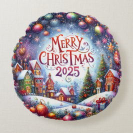 Kleurrijke Sneeuwman & Ornamenten Kerstkussen Rond Kussen