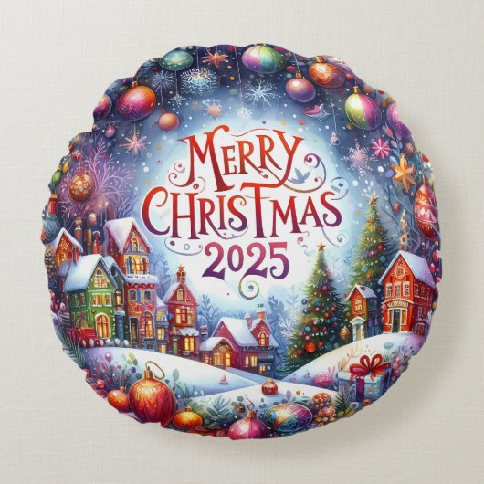 Kleurrijke Sneeuwman & Ornamenten Kerstkussen Rond Kussen (Voorkant)