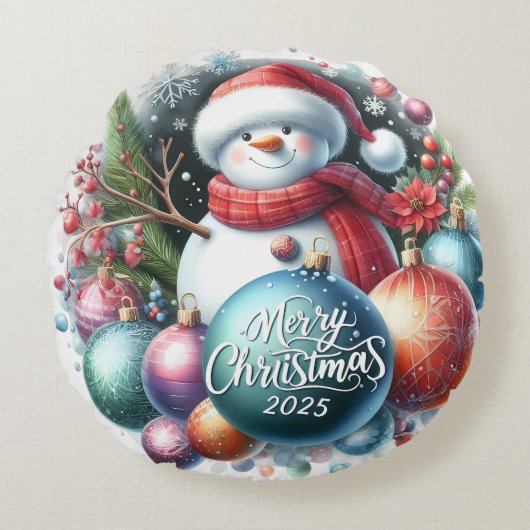 Kleurrijke Sneeuwman & Ornamenten Kerstkussen Rond Kussen (Voorkant)