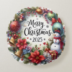 Kleurrijke Sneeuwman & Ornamenten Kerstkussen Rond Kussen