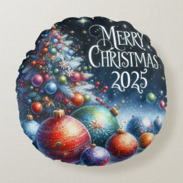 Kleurrijke Sneeuwman & Ornamenten Kerstkussen Rond Kussen
