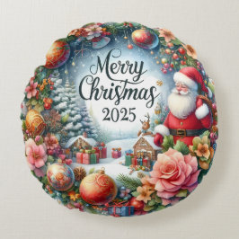 Kleurrijke Sneeuwman & Ornamenten Kerstkussen Rond Kussen