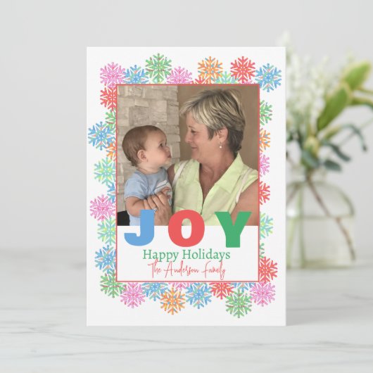 Kleurrijke sneeuwvlok foto vakantie Kaart (Staand voorkant)