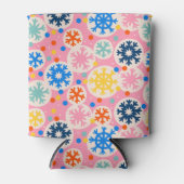 Kleurrijke sneeuwvlokken op roze vakantiepatroon blikjeskoeler (Voorkant)