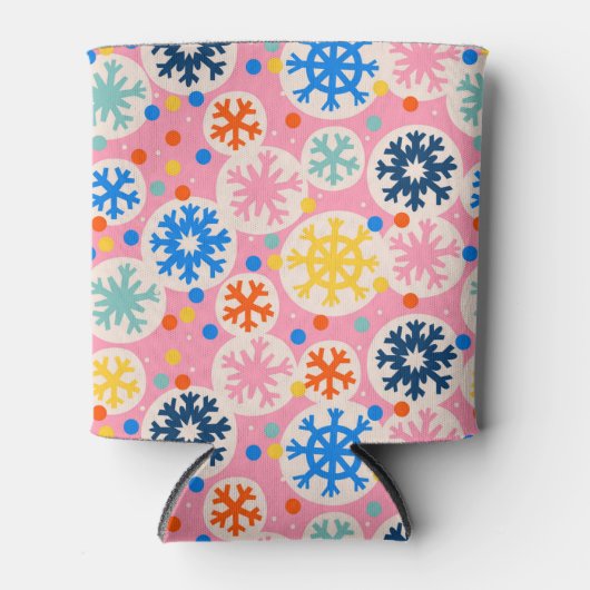 Kleurrijke sneeuwvlokken op roze vakantiepatroon blikjeskoeler (Voorkant)