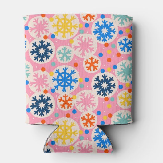 Kleurrijke sneeuwvlokken op roze vakantiepatroon blikjeskoeler (Achterkant)