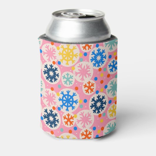 Kleurrijke sneeuwvlokken op roze vakantiepatroon blikjeskoeler (Blikje Achterkant)