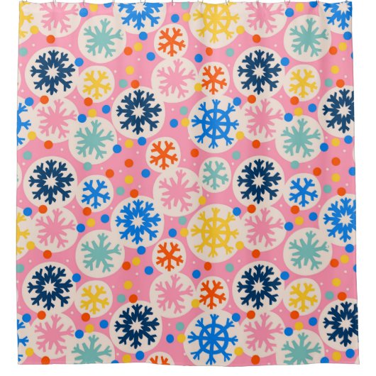 Kleurrijke sneeuwvlokken op roze vakantiepatroon douchegordijn (Voorkant)