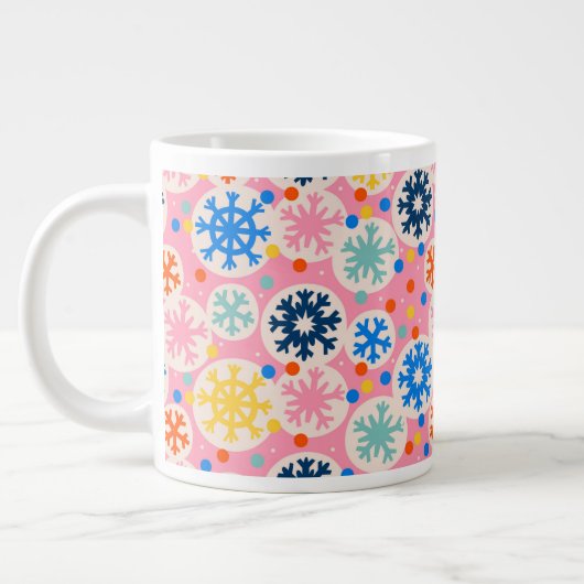 Kleurrijke sneeuwvlokken op roze vakantiepatroon grote koffiekop (Links)