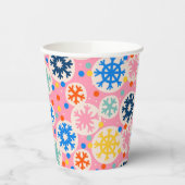 Kleurrijke sneeuwvlokken op roze vakantiepatroon papieren bekers (Links)