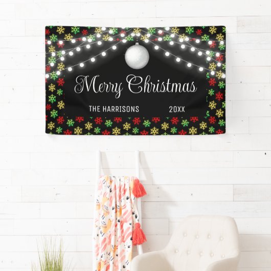 Kleurrijke Snowflake String Lights Black Christmas Spandoek (Insitu)