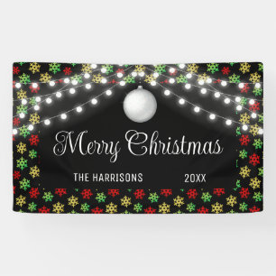 Kleurrijke Snowflake String Lights Black Christmas Spandoek