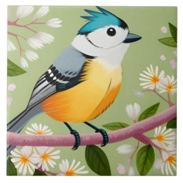 Kleurrijke Songbird Perched op Bloeiende Branch Tegeltje
