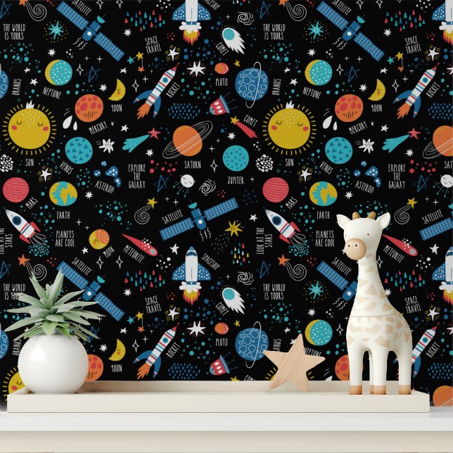 Kleurrijke Space Rockets Galaxy Modern Kinder Patt Behang (Creator heeft geüpload)