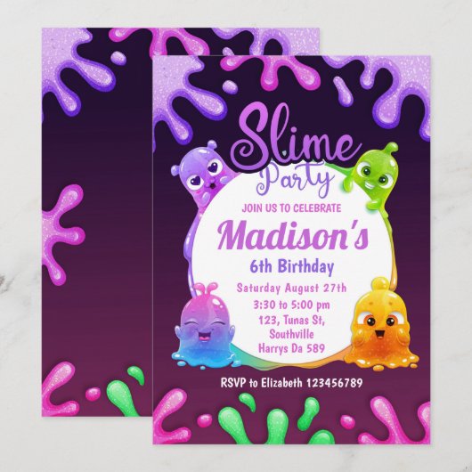 Kleurrijke Speelgoed Slime Verjaardagsfeestuitnodi Kaart (Voorkant / Achterkant)