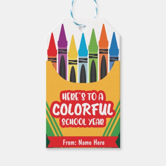 Kleurrijke speelse Crayola kleur Eerste dag van de Cadeaulabel (Voorkant)