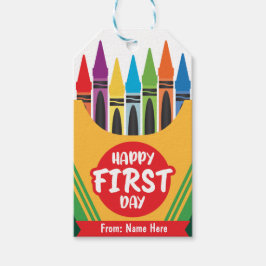 Kleurrijke speelse Crayola kleur Eerste dag van de Cadeaulabel