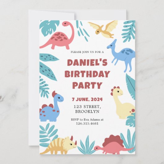 Kleurrijke speelse illustratieve dinosaurus verjaa kaart (Voorkant)