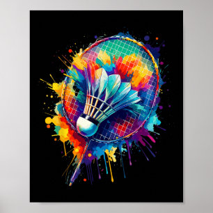Kleurrijke spetterkunst Badmintonspeler Shuttle Ba Poster