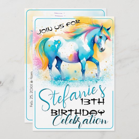 Kleurrijke Spirit Pony 14 Verjaardagsuitnodiging Kaart (Voorkant / Achterkant)