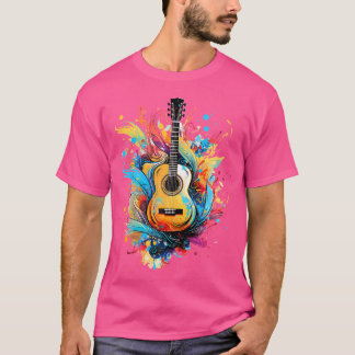 Kleurrijke Splash Art akoestische gitaarspeler Gui T-shirt