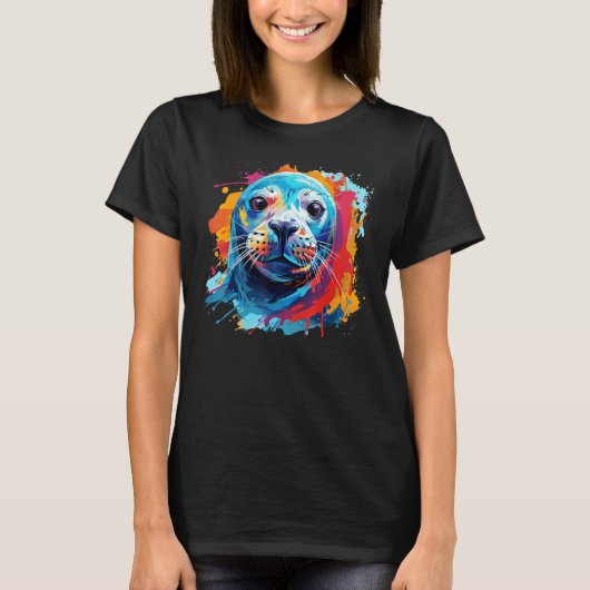 Kleurrijke Splash Art Seal Zee Dierenvriend T-shirt (Voorkant)