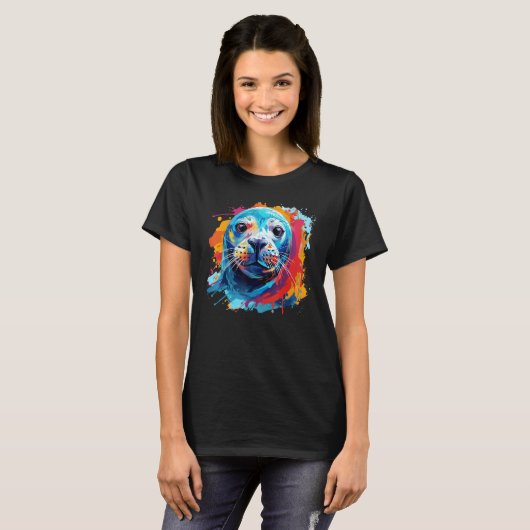 Kleurrijke Splash Art Seal Zee Dierenvriend T-shirt (Voorkant volledig)