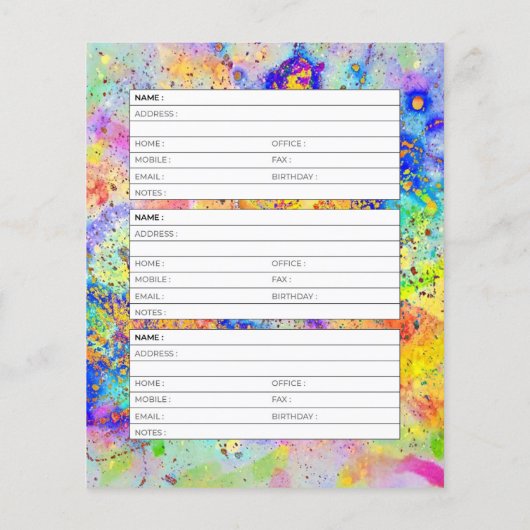 Kleurrijke splatters adresboek pagina (Achterkant)