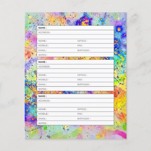 Kleurrijke splatters adresboek pagina (Voorkant)