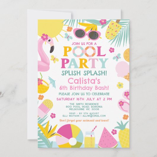 Kleurrijke Splish Zwembad Party Bash Verjaardag Kaart (Voorkant)