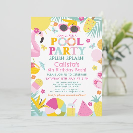 Kleurrijke Splish Zwembad Party Bash Verjaardag Kaart (Staand voorkant)