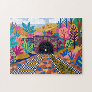 Kleurrijke spoorwegtunnelkunst geïnspireerd door M Legpuzzel