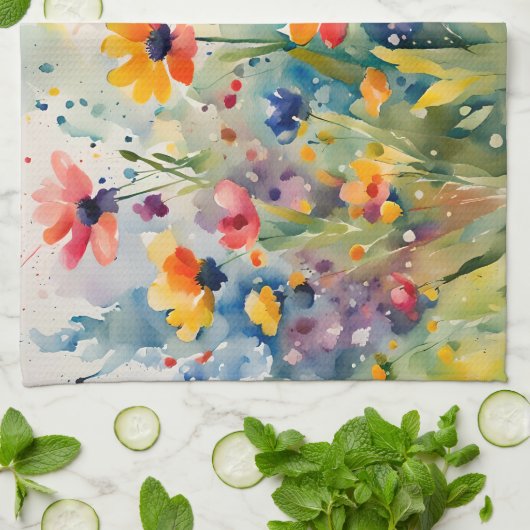 Kleurrijke Spring Flowers Waterverf keukenhanddoek (Gevouwen)