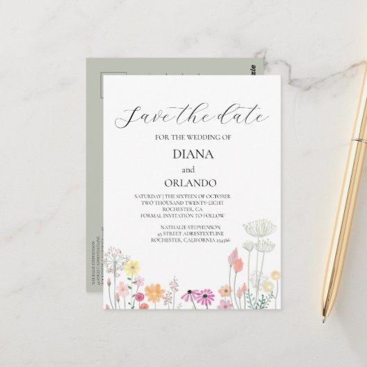 Kleurrijke Spring Wildflower bewaar de datum Briefkaart (Voorkant / Achterkant in situ)