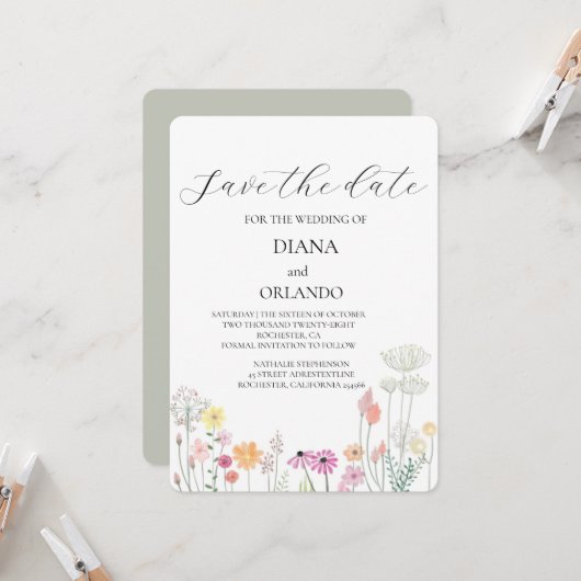 Kleurrijke Spring Wildflower bewaar de datum Kaart (Voorkant / Achterkant in situ)