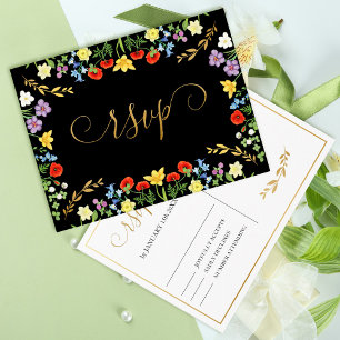 Kleurrijke Spring Wildflower Black Wedding RSVP Briefkaart