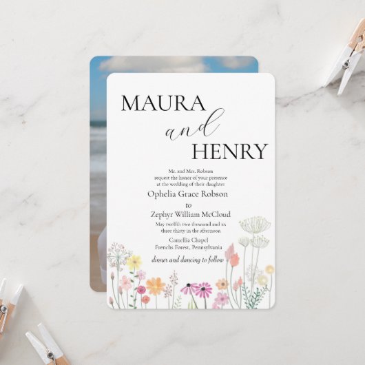 Kleurrijke Spring Wildflower foto bruiloft Kaart (Voorkant / Achterkant in situ)