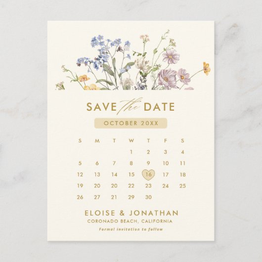 Kleurrijke Spring Wildflower Gold Save the Date Briefkaart (Voorkant)