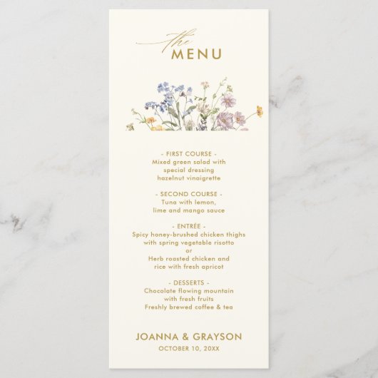 Kleurrijke Spring Wildflower Meadow Gold Wedding Menu (Voorkant)