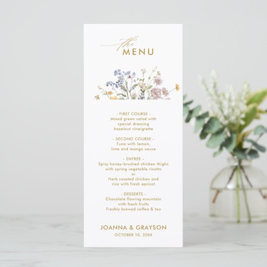Kleurrijke Spring Wildflower Meadow Gold Wedding Menu (Staand voorkant)