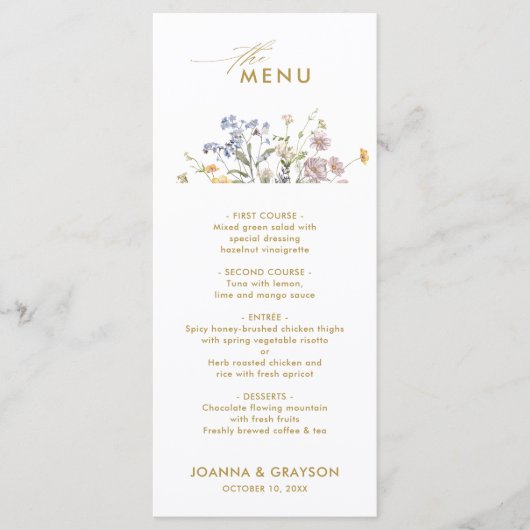 Kleurrijke Spring Wildflower Meadow Gold Wedding Menu (Voorkant)