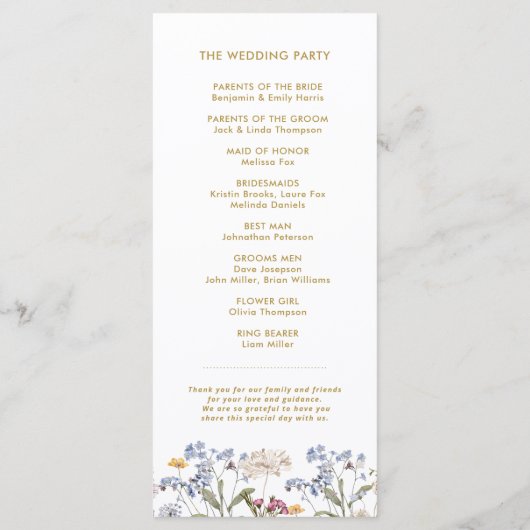 Kleurrijke Spring Wildflower Meadow Gold Wedding Programmakaart (Achterkant)