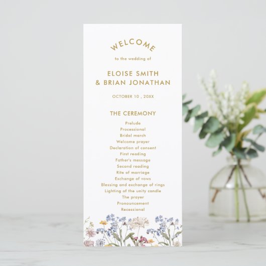 Kleurrijke Spring Wildflower Meadow Gold Wedding Programmakaart (Staand voorkant)