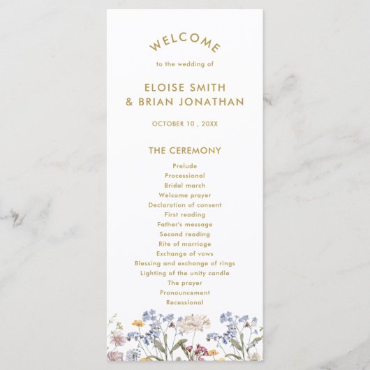Kleurrijke Spring Wildflower Meadow Gold Wedding Programmakaart (Voorkant)