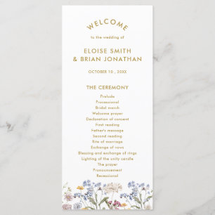 Kleurrijke Spring Wildflower Meadow Gold Wedding Programmakaart