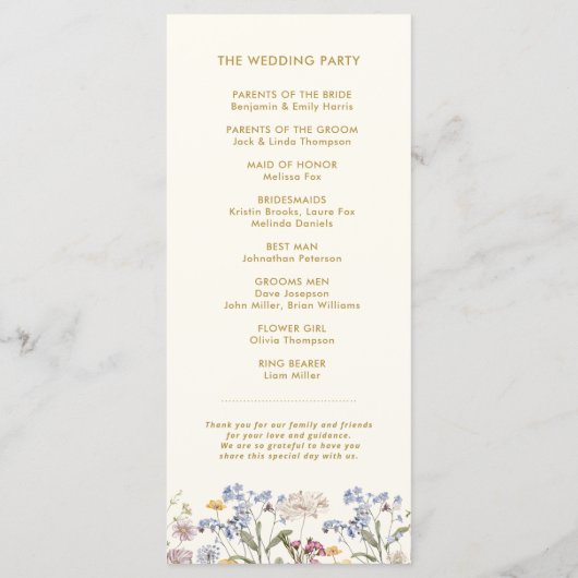 Kleurrijke Spring Wildflower Meadow Gold Wedding Programmakaart (Achterkant)